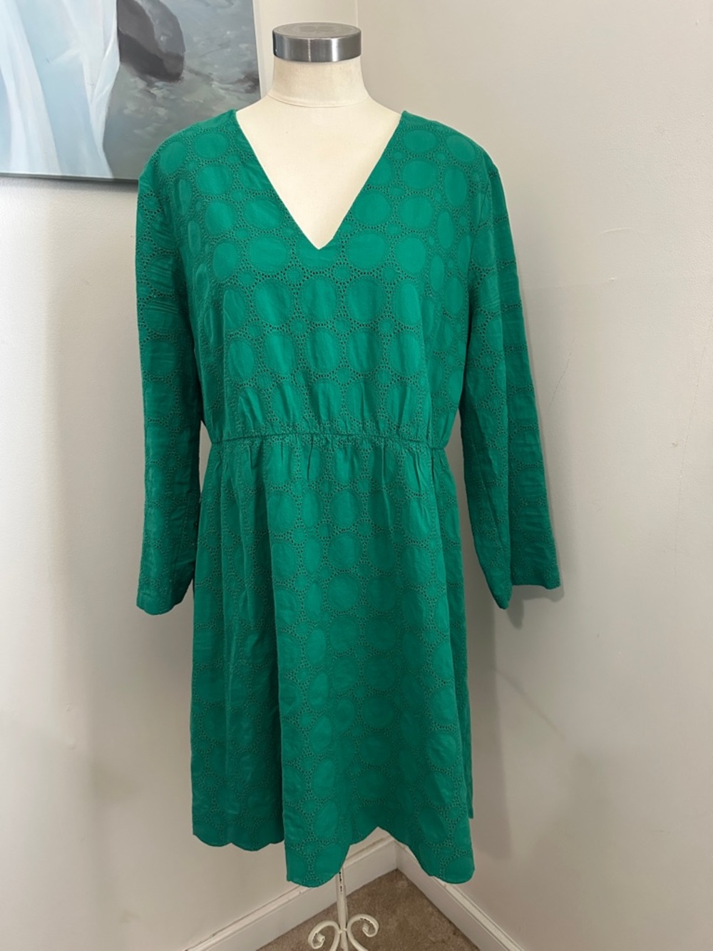J. Crew Green Eyelet V-Neck Long Sleeve Dress